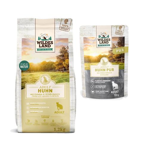 Wildes Land Cat Kombi-Paket: 12x 100g Huhn PUR mit Distelöl Nassfutter + 1,2kg Huhn &...