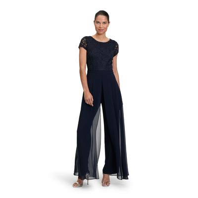Overall VERA MONT "Vera Mont Jumpsuit kurzarm", Damen, Gr. 50, Normalgrößen, blau (night sky), Obermaterial: 95% Polyester, 5% Elasthan. Besatz: 100% Polyester. Futter: 100% Polyester., elegant, ausgestellt, Rundhals, Halbarm, Overalls, Design