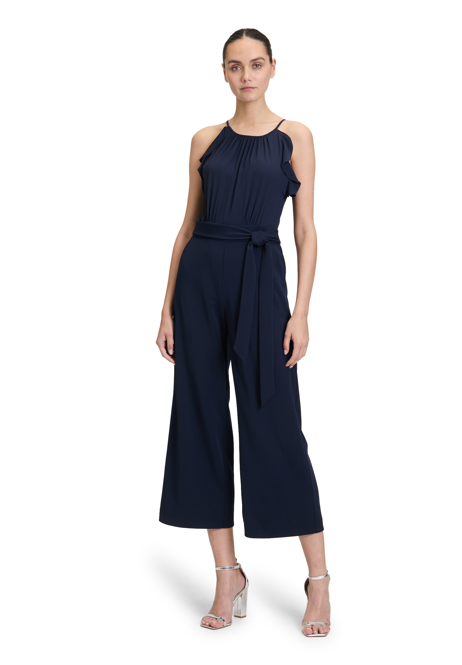 Overall VERA MONT "Damen Jumpsuit mit Volant", Damen, Gr. 44, blau (night sky), Obermaterial: 95% Polyester recycelt, 5% Elasthan., festlich, figurumspielend, amerikanischer Ausschnitt, Overalls, Bindeband Image