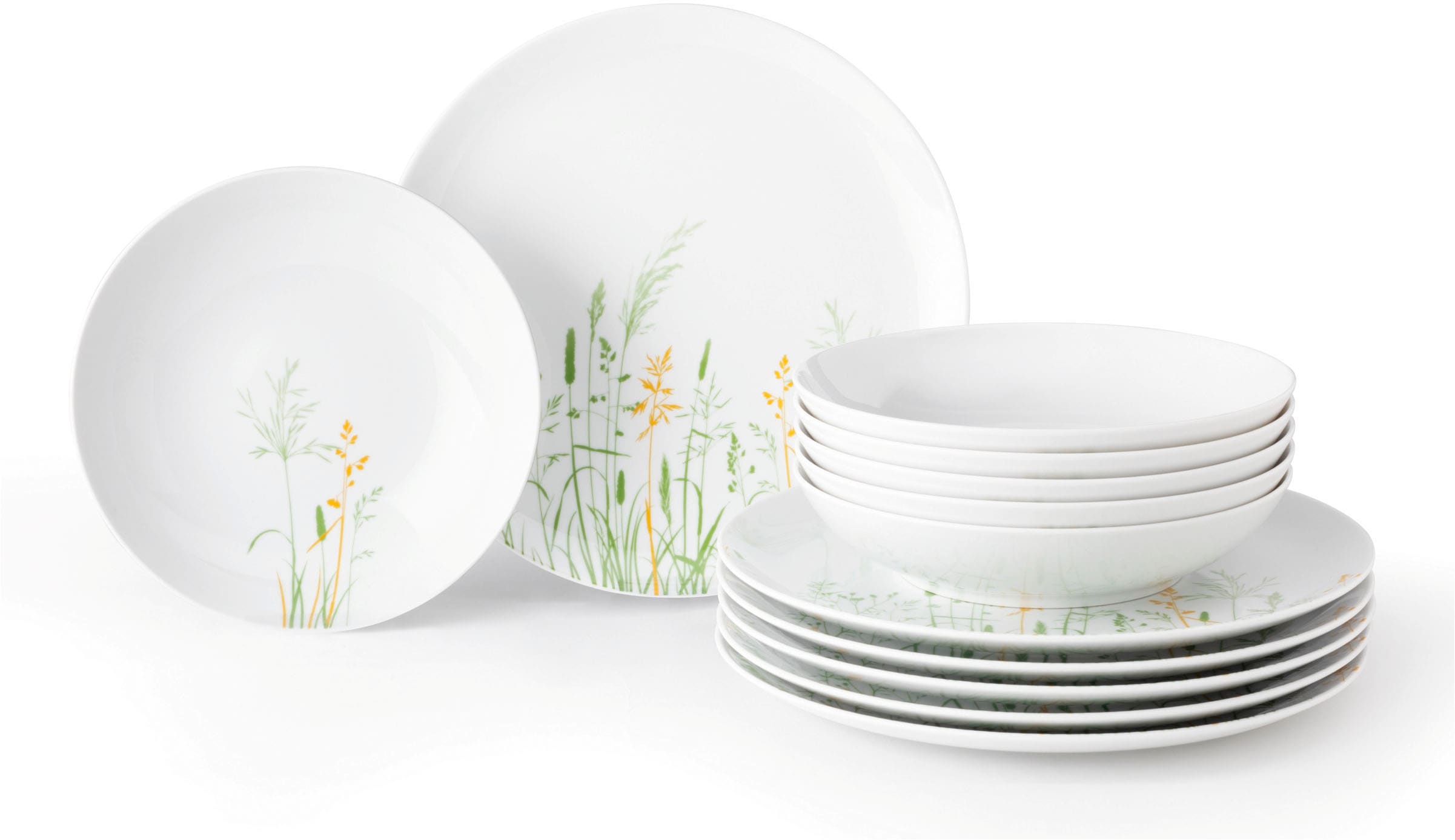 Tafelservice SELTMANN WEIDEN "Geschirr-Set, 12 Teile, Liberty Meadow Grasses", bunt (weiß, curry, gelb, grün), 12 Stk., Porzellan, Geschirr-Sets, Tafelservice, Geschirr-Set, Teller, Made in Germany, 12 Teile, für 6 Personen