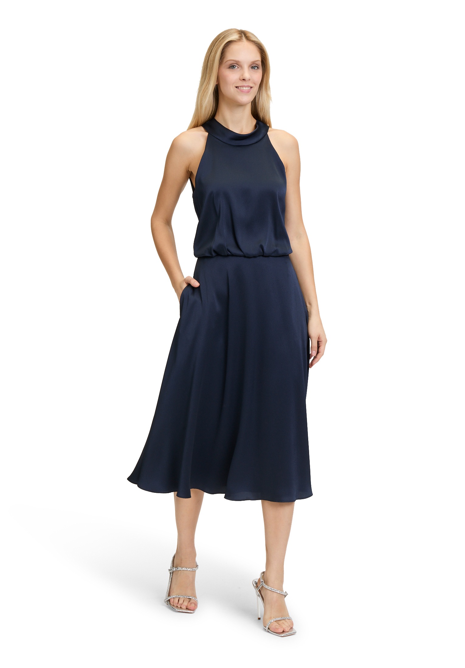 Cocktailkleid VERA MONT "Damen Cocktailkleid mit Stehkragen", Damen, Gr. 44, Normalgrößen, blau (night sky), Satin, Obermaterial: 98% Polyester, 2% Elasthan. Futter: 100% Polyester., festlich, figurumspielend kurz, amerikanischer Ausschnitt,... Image