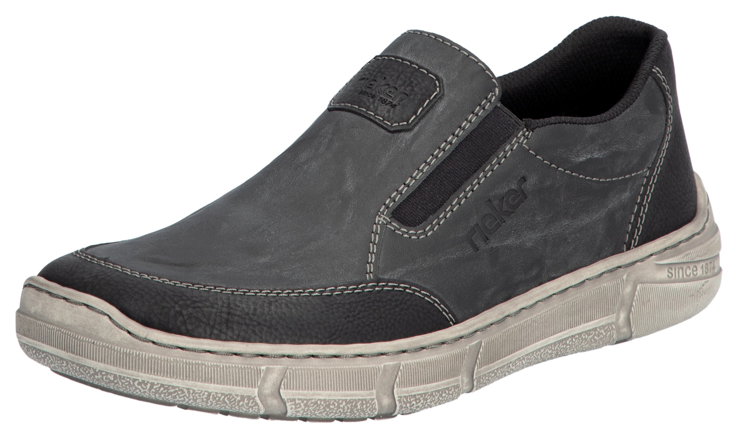 Slipper RIEKER, Herren, Gr. 40, grau (grau, schwarz), Lederimitat, Schuhe Slipper, Slip-on Sneaker, Halbschuh, Schlupfschuh mit beidseitigem Gummizug