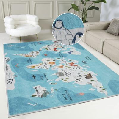 Kinderteppich MY HOME "Weltkarte" Gr. 33, blau, B:110cm H:9mm L:155cm, Kunstfaser, Teppiche, Tiere, weich, modernes Design, Kinderzimmer, 2 Farbvarianten Image