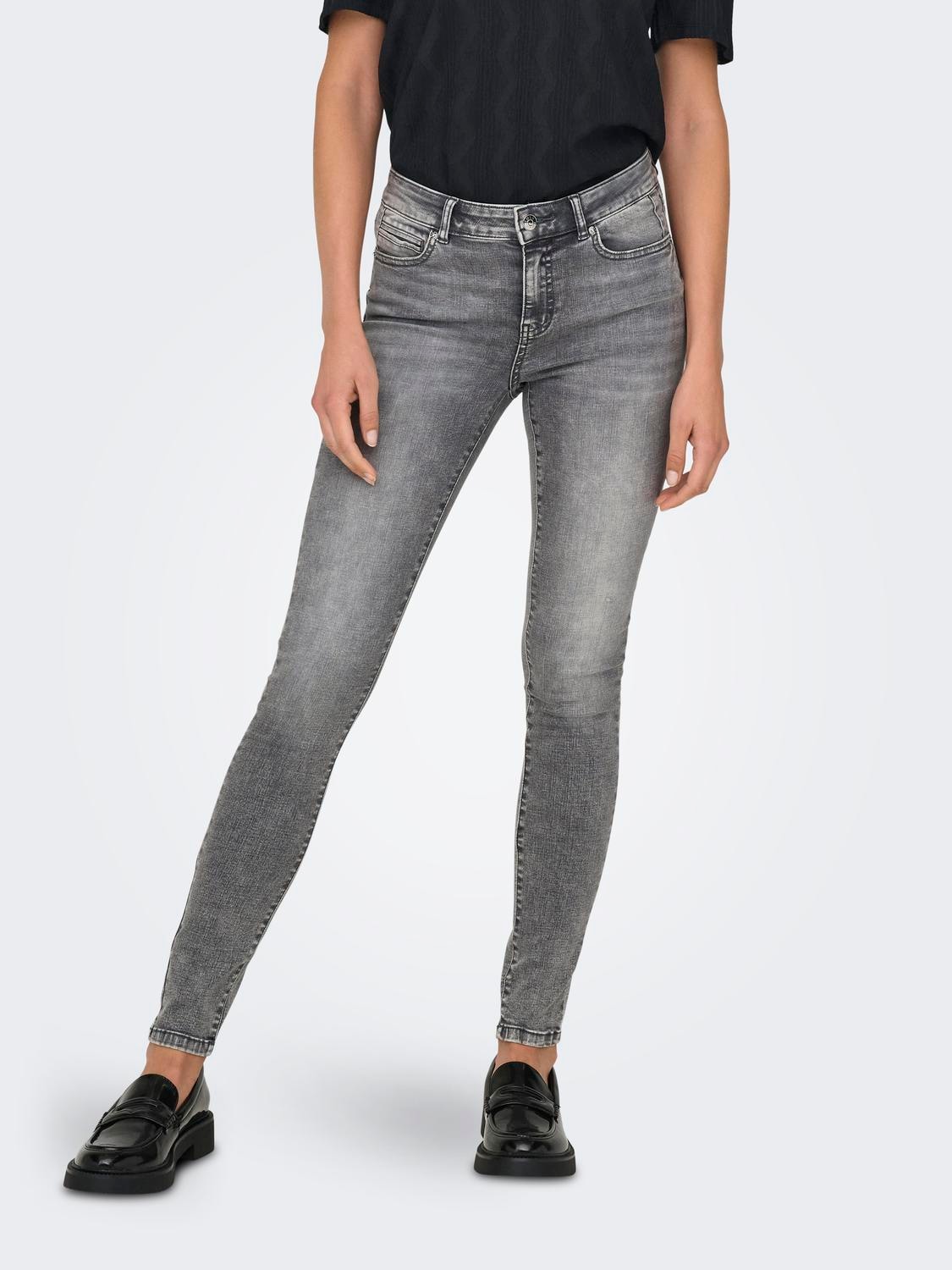 Skinny-fit-Jeans ONLY "ONLWAUW MID WAIST SK LANK COIN PKT DNM X", Damen, Gr. XS (34), Länge 32, grau (grau denim), Denim/Jeans, Obermaterial: 64% Baumwolle, 31% Polyester, 3% Viskose, 2% Elasthan, unifarben, skinny fit, Jeans