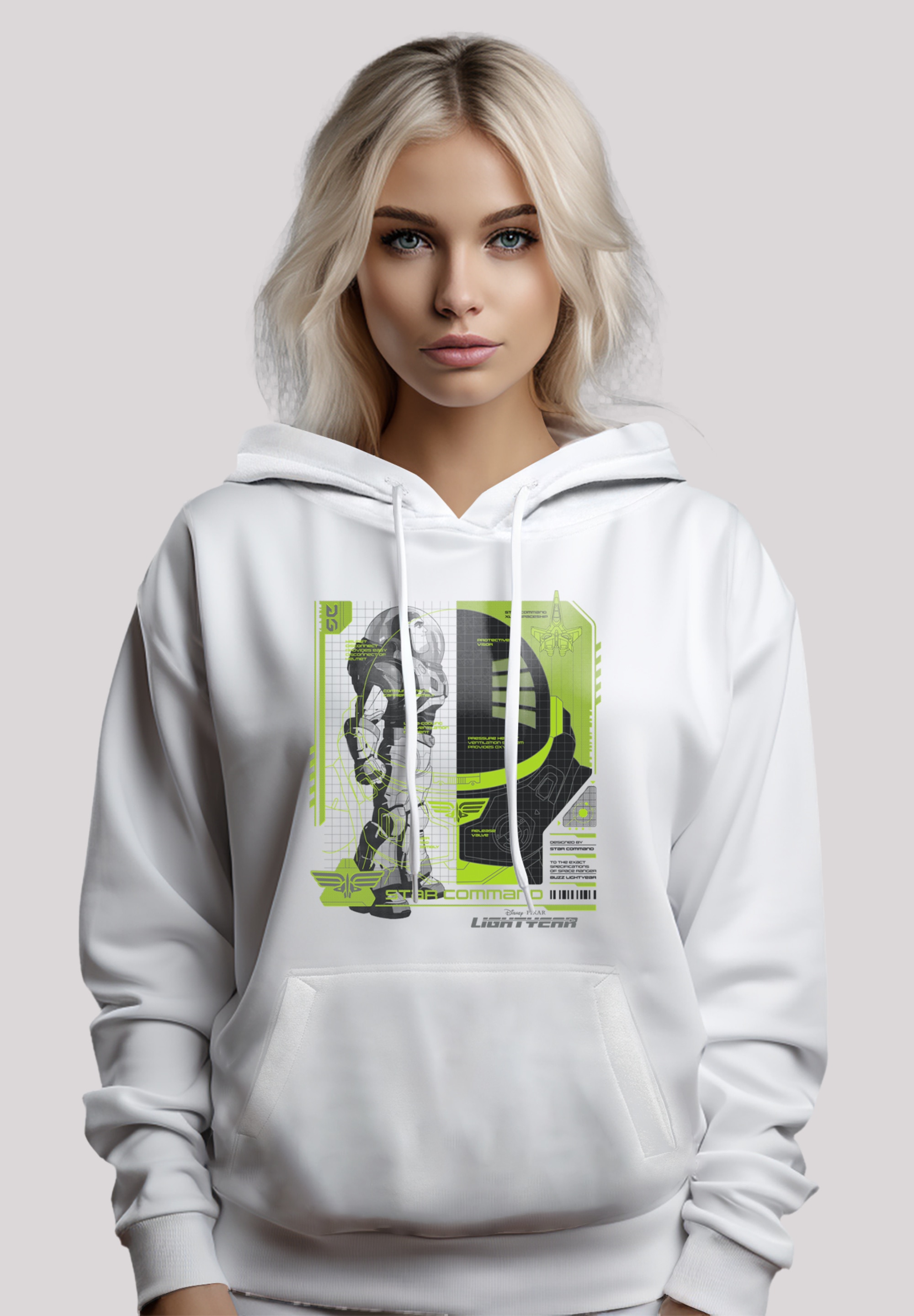 Kapuzenpullover F4NT4STIC "Buzz Lightyear Buzz Tech Panel", Damen, Gr. XS, weiß, Obermaterial: 65% Baumwolle, 35% Polyester, relaxed fit, Pullover Kapuzenpullover, Premium Qualität