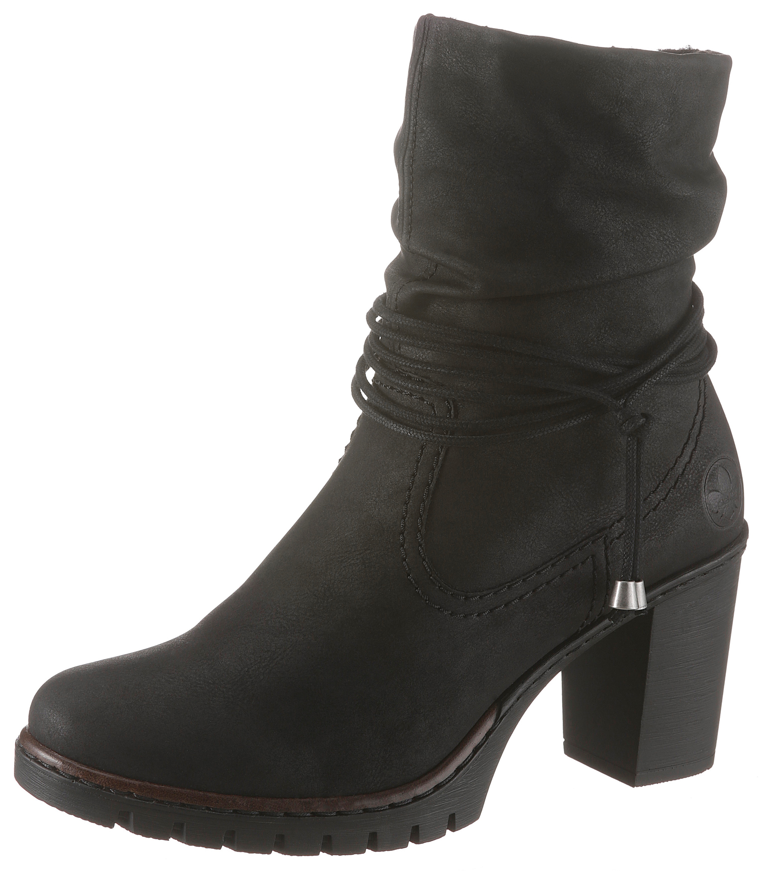 Winterstiefelette RIEKER, Damen, Gr. 36, schwarz, Nubuklederimitat, Elegant, Schuhe, Boots, Trichterabsatz, Warmfutter, mit gerafftem Schaft, Topseller