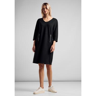 Sweatkleid STREET ONE, Damen, Gr. 42, EURO-Größen, schwarz, Stoff, 60% Viskose, 35% Polyamid, 5% Elasthan, unifarben, casual, comfort fit knielang, V-Ausschnitt, 3/4-Ärmel Bündchen, Kleider, knielang Image