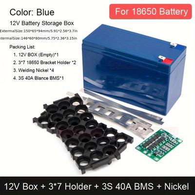 TEMU Diy 12v Lithium Battery Case Kit With 3s 40a Bms - Abs Plastic Box For 3x7 18650 Battery Storage, Motorcycle Sprayer Battery Assembly, Snap-in Holder For 21x 18650 Cells, Lead Acid Replacement Image