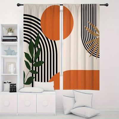 TEMU 2pcs Set Abstract Geometric Square Curtains - Semi-transparent, Privacy Protection For Living Room & Bedroom, Machine Washable, Rod