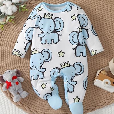 TEMU Newborn Baby's Cartoon Elephant Prince Full Print Long Sleeve Footie, Toddler & Infant Boy's Comfy Footed Romper For Spring Fall