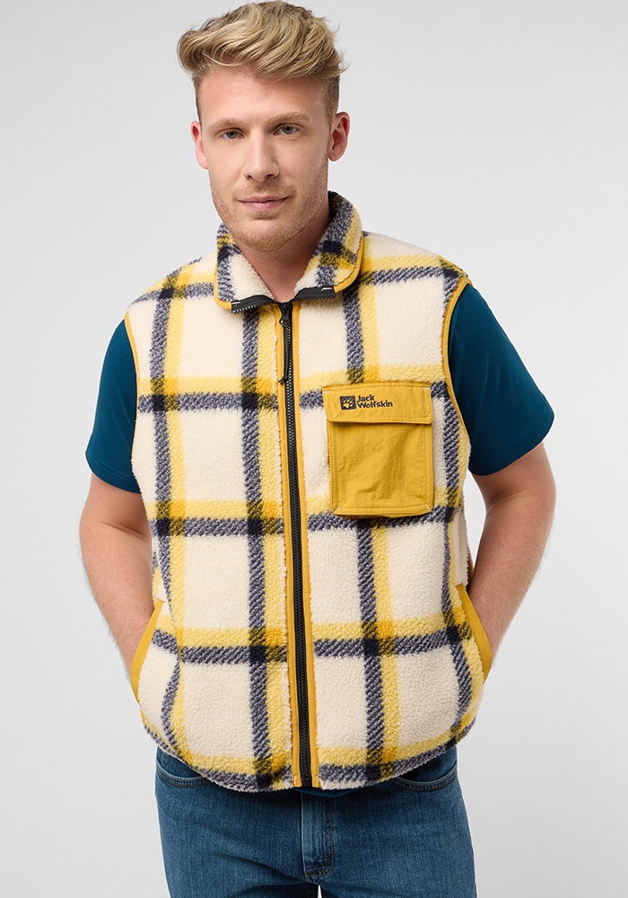 Fleeceweste JACK WOLFSKIN "FELSLICHT CHECK VEST M", Herren, Gr. L (52), beige (panna, cotta), Obermaterial: 100% Polyester; Kontrast: 100% Polyamid ; Futter: 100% Polyester, Westen Fleeceweste