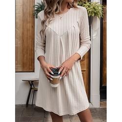 Damen strickkleid Minikleid Gerippt Warm Brautkleider schlicht Rundhalsausschnitt Langarm Khaki Farbe