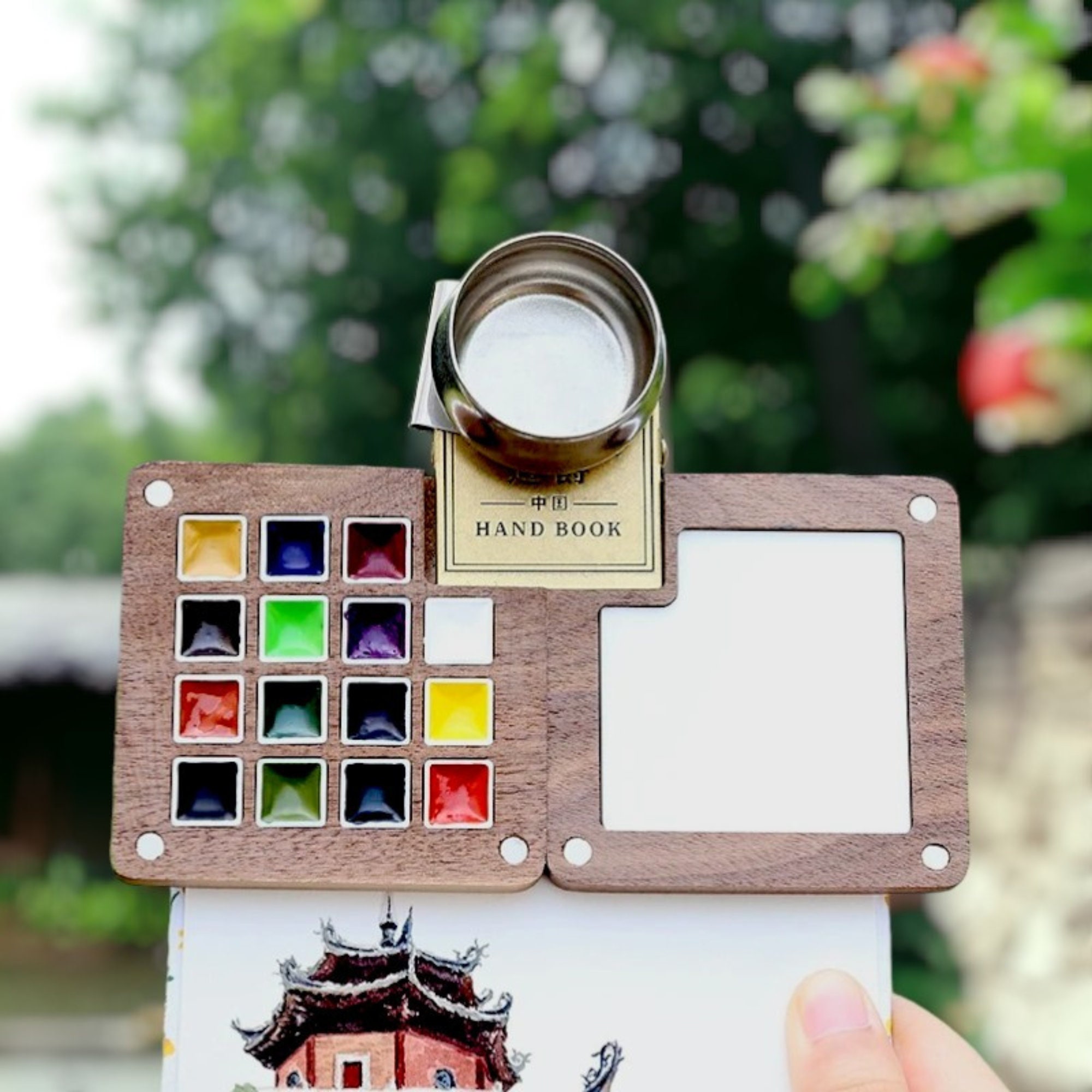 Tavolozza per acquerelli in legno, tavolozza portatile, set da viaggio per acquerelli, forniture per acquerelli, mini scatola per acquerelli