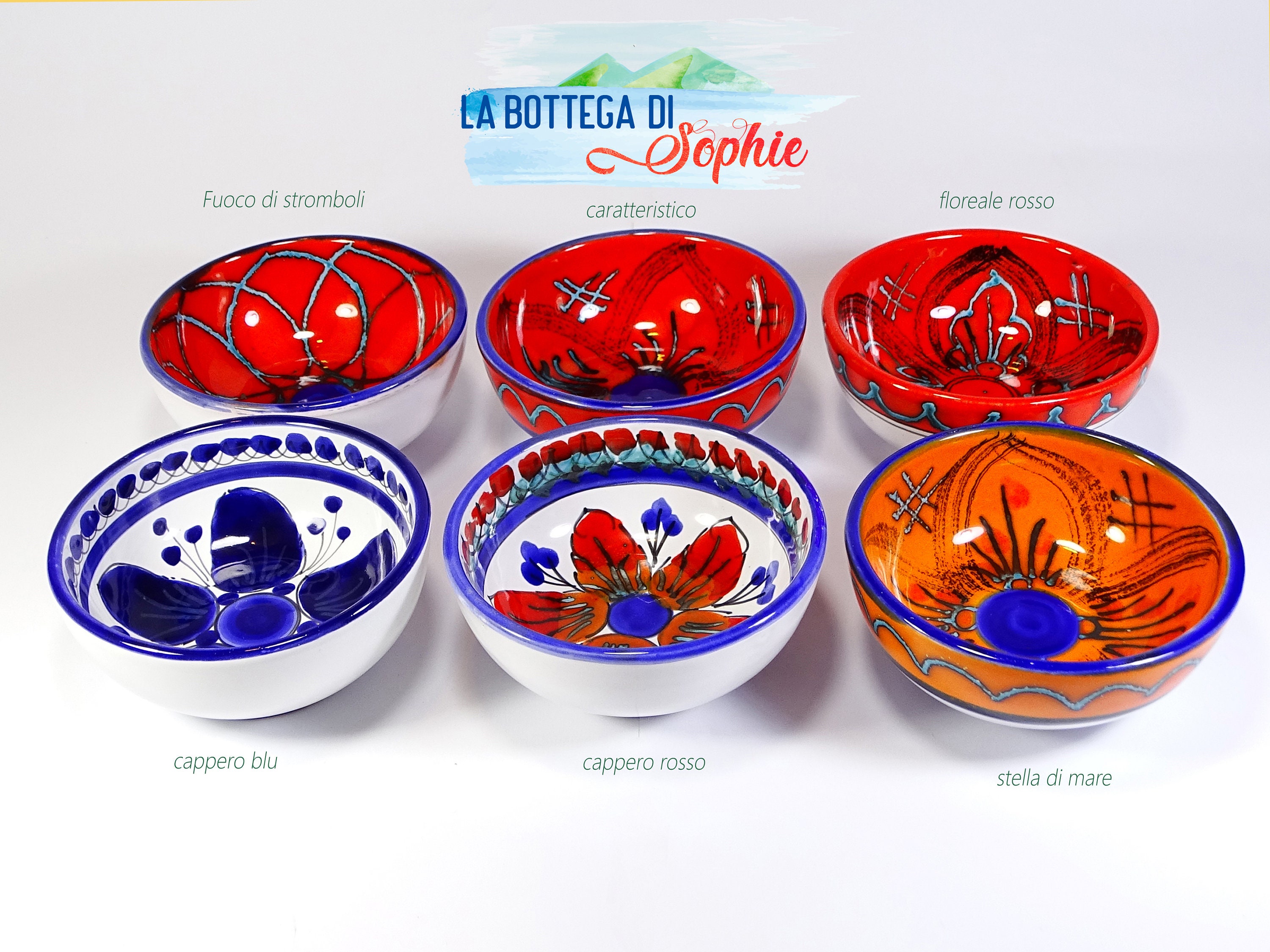 set 6 Ciotoline 12 cm, ciotole piccole,vassoietti,antipastiere,antipasti,stuzzichini,aperitivi,ceramica siciliana fatta a mano artigianale
