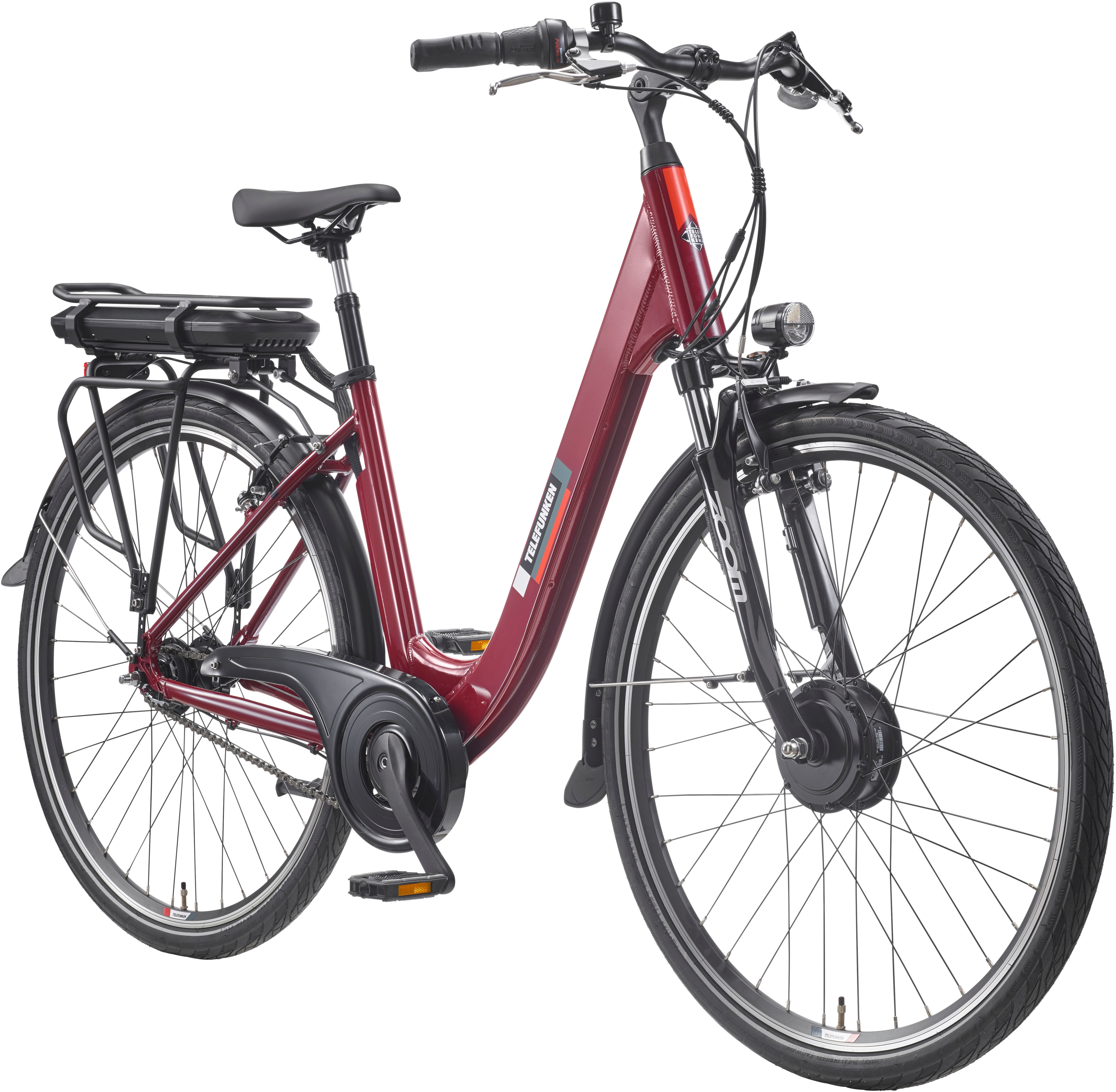 E-Bike TELEFUNKEN "Multitalent RC845" Gr. 47, rot (weinrot, schwarz), Elektrofahrräder, 28 Zoll (71,12cm), Pedelec, Elektrofahrrad für Herren u. Damen, tiefer Einstieg Image