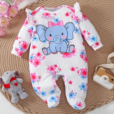 TEMU Newborn Baby's Cartoon Elephant Flower Print Long Sleeve Footie, Toddler & Infant Girl's Comfy Footed Romper For Spring Fall