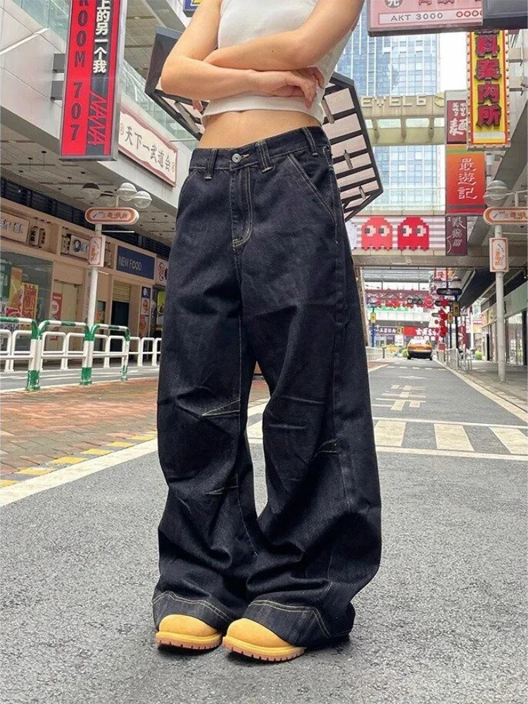 Deeptown Grunge schwarze Jeans Frauen y2k Vintage übergroße High Street breite Cargo Jeans hose lässig baggy gerade Jeans hose