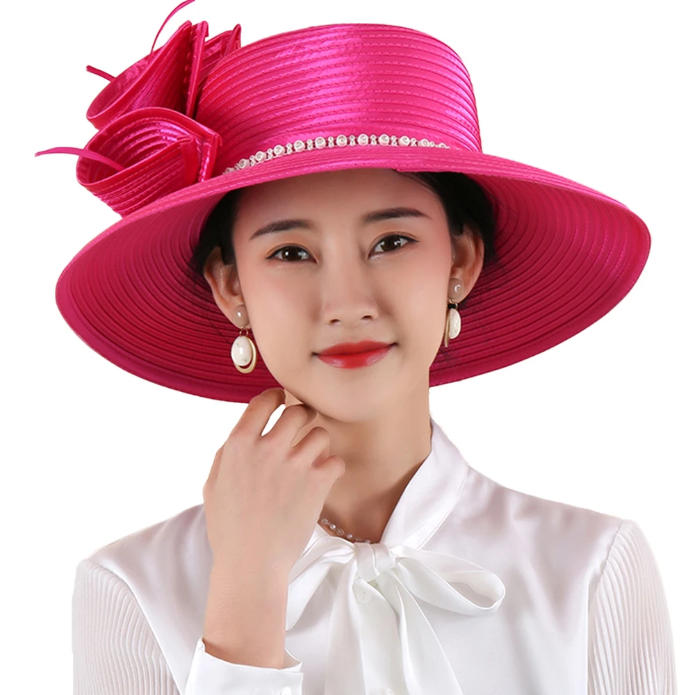 FS Black Rose Satin-Stoff-Fedora-Hut, große Krempe, Sonnenhüte, Fascinator für Frauen, elegante Kirche, Hochzeit, Kentucky Derby Boater-Hut Image