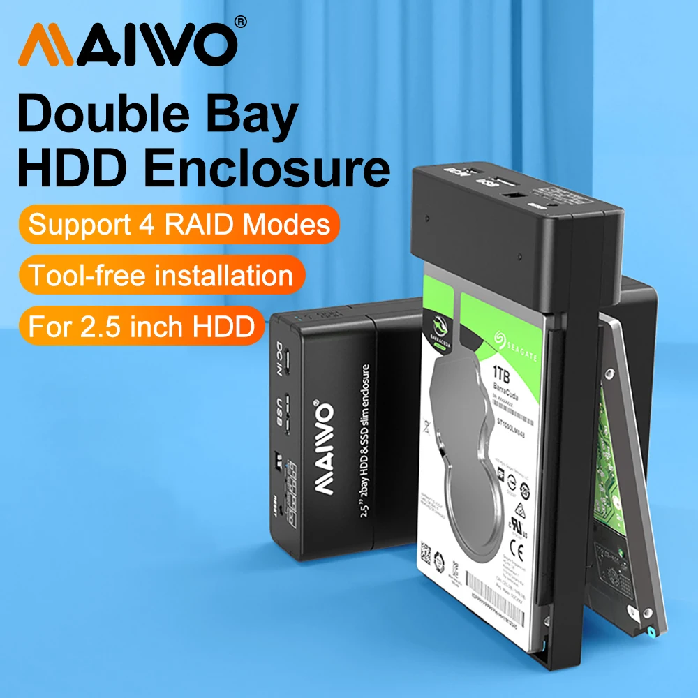 MAIWO boîtier de disque dur externe double baie 2.5 pouces HDD SSD boîtier pour réseau de disque dur SATA avec 4 fonctions RAID boîtier PC