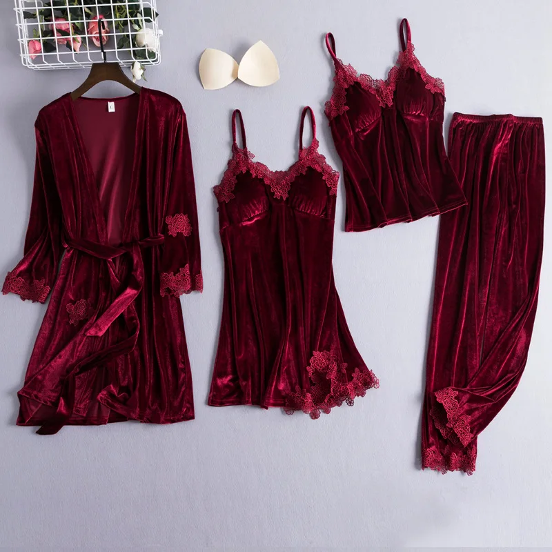 Chinesischen Stil Weibliche Velour Robe Kleid Klassische Burgund Nachtwäsche Nighty Set Spitze Patchwork Nachtwäsche Bademantel Sexy Negligé Image