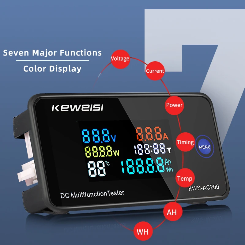 KWS-DC200 Digital Voltmeter DC 0-200V Spannung Sieben Funktionen Power Energy Meter LED Farbdisplay Wattmeter 0-10/50/100A Image