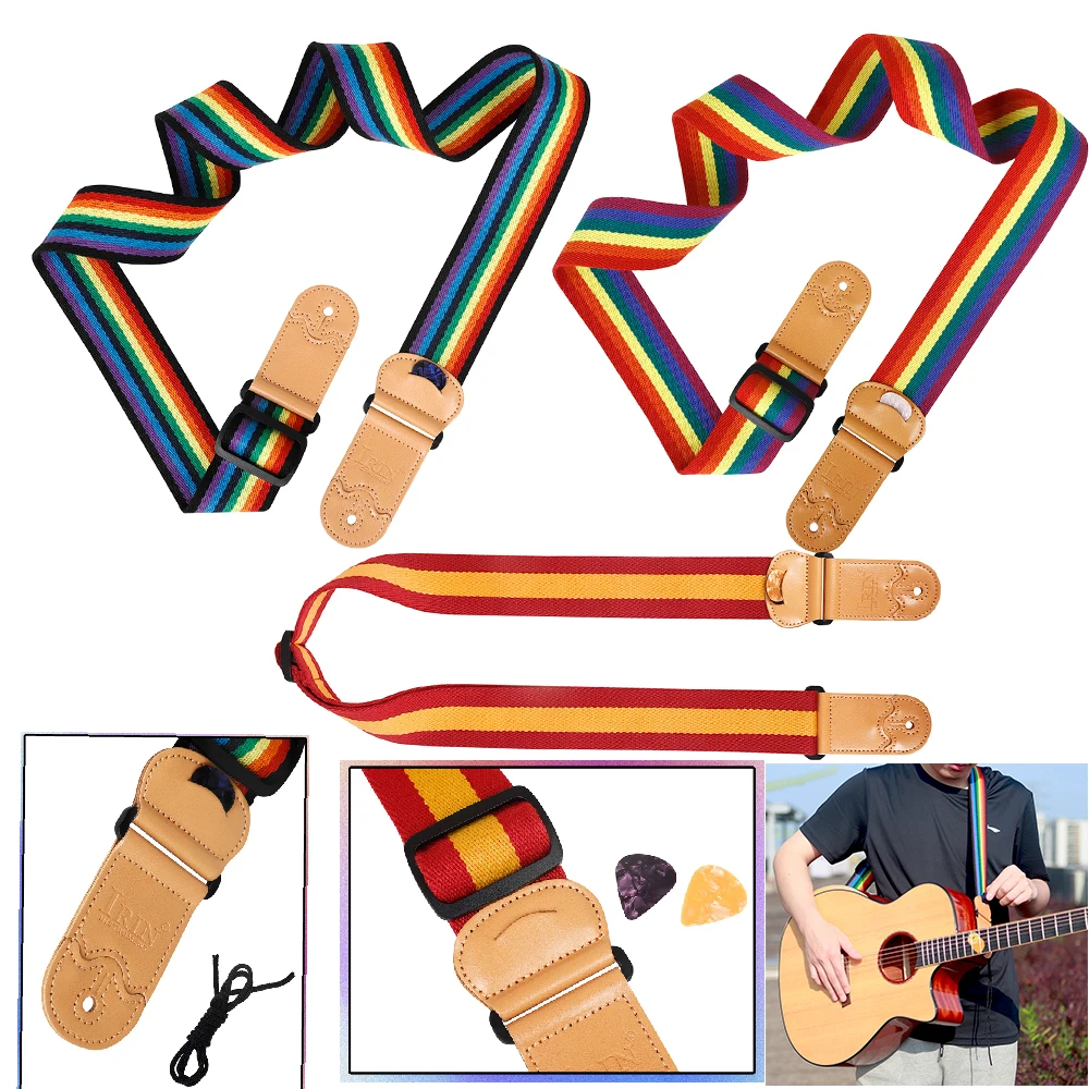 IRIN Gitarrengurt Bass Baumwolle Regenbogengurte Verstellbarer Umhängegurt mit Plektrum Elektrische Akustikgitarre Bass Universalzubehör Image