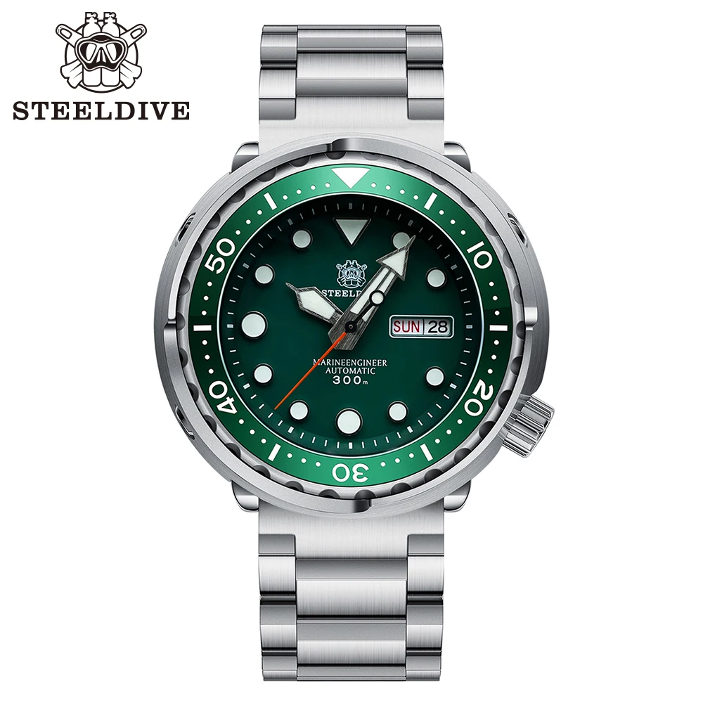 STEELDIVE SD1975W Tag- und Datumsfunktion mit schwarzem Zifferblatt, NH36-Automatikwerk, 47,5 mm, superleuchtende 300 m wasserdichte Thunfischuhr Image
