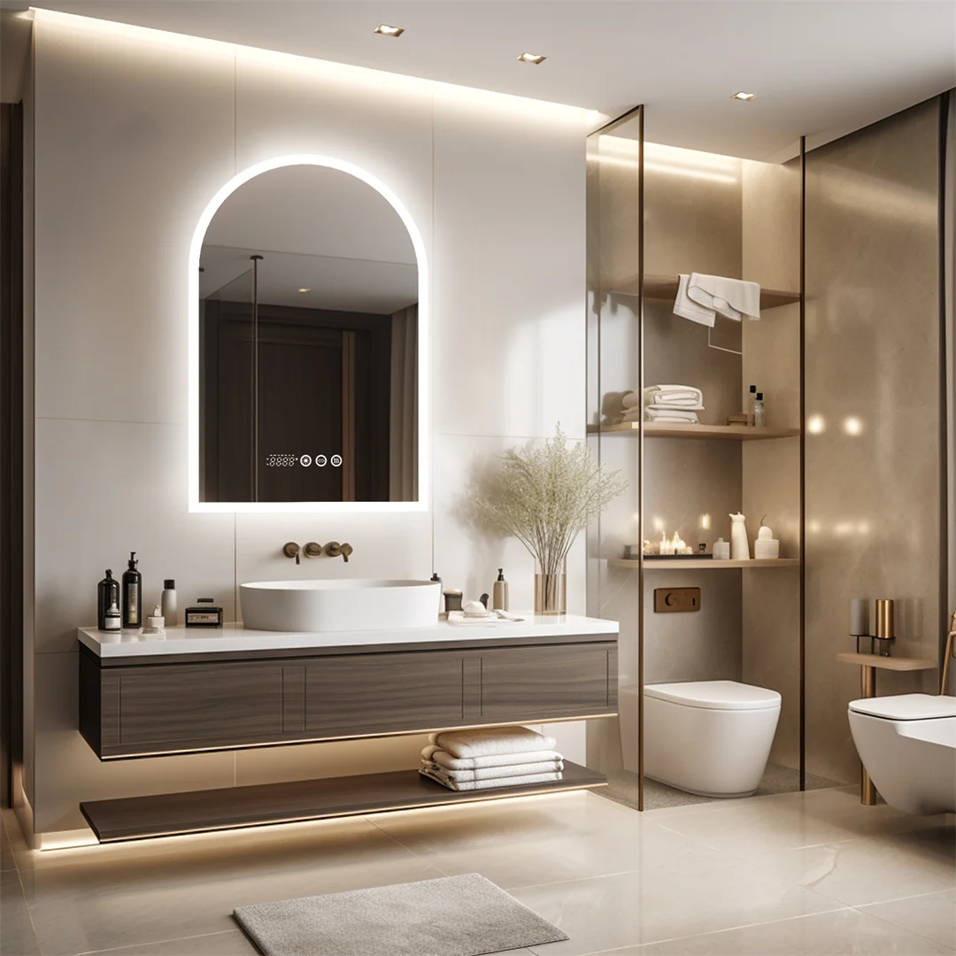 LUVODI Badezimmerspiegel mit gewölbter Beleuchtung und Hintergrundbeleuchtung, intelligenter Touchscreen-Kosmetikspiegel mit LED-Licht, Zeit- und Temperaturanzeige Image