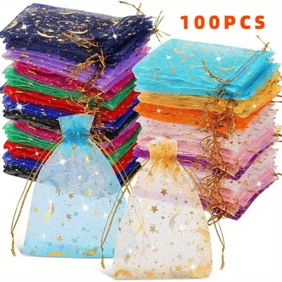 100PCS Moon Stars Drawstring Organza Bags Jewelry Gift Bags Pouches Gold Star Organza Favor Pouches