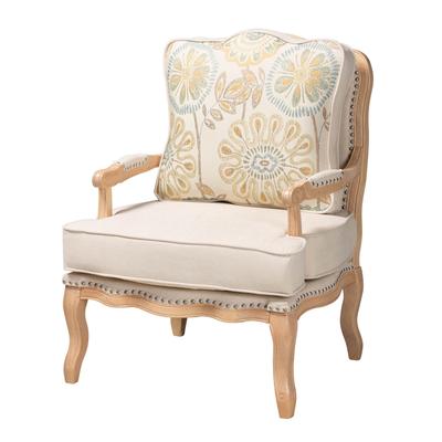 Andre Traditional French Quilted Fabric And Whitewash Finished Wood Accent Chair by Baxton Studio in White