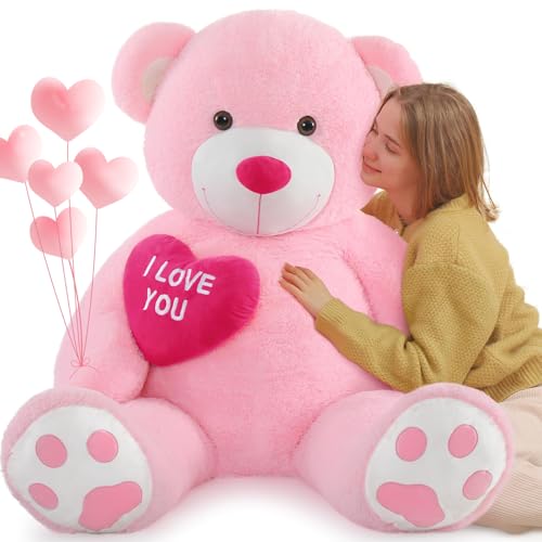 MorisMos Giant I Love You Teddy Bear with Heart, XXL 130cm Pink Teddy Bear for Girlfriend, Large Teddies Soft Plush Toy, Big Cuddly Fluffy Bear Gift for Kids Wife Mum Birthday Mothers Day Deco