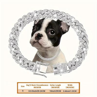 TEMU 1pc Luxury Iron Alloy Dog Chain Collar, 13mm Wide Cuban Necklace With Rhinestone Accents, Adjustable Metal Cat Chain Jewelry Accessory For Small To Large Dogs And Cats, Dog Collar Image