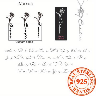 TEMU 3.5g 925 Sterling Silvery Custom Necklace, Personalized Floral Engraved Necklace For Valentine's Day, Day, Holiday Gifts, Birthday Wedding Graduation Name Pendant Gift Image