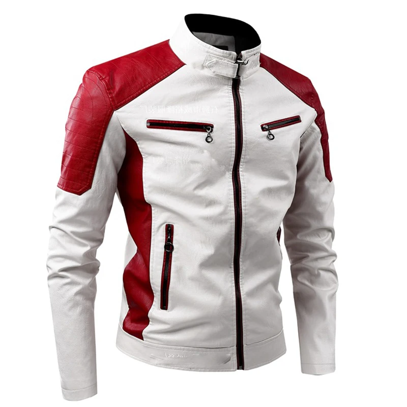 Giacca da moto patchwork da uomo, giacca in pelle, cappotti con colletto rialzato color blocking, giacca da moto in PU, giacca da moto
