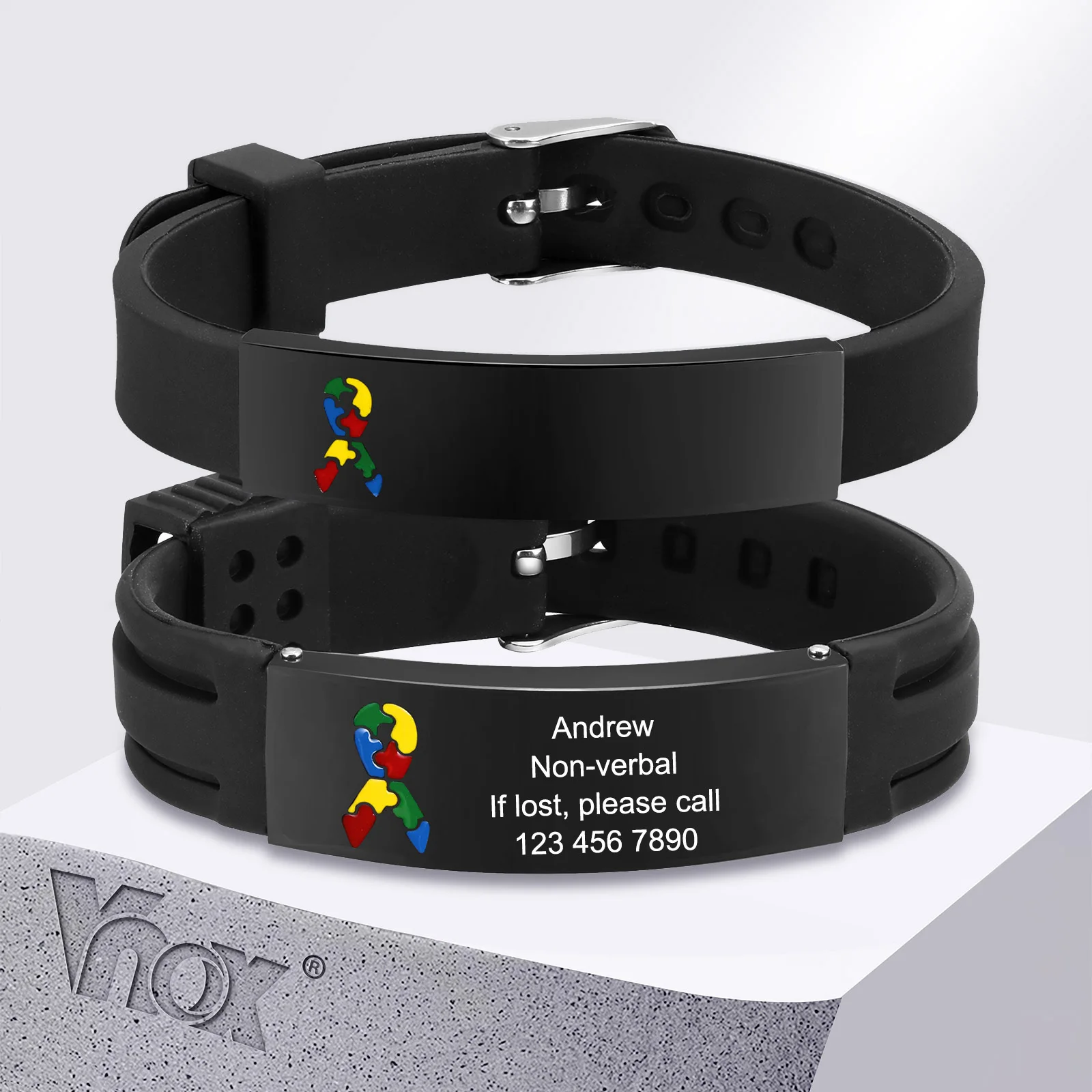 Vnox 12mm/16mm Bracciale personalizzato per la consapevolezza dell'autismo, Braccialetti identificativi di avviso medico personalizzati per uomo e donna, Bracciale regolabile anti-smarrimento