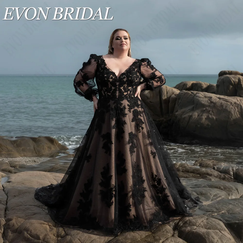Evon Braut schwarz Brautkleid plus Größe Puff ärmel Applikation glänzende Brautkleider Tüll a-Linie Vestidos de Novia angepasstEVON BRIDAL Schwarz Brautkleid Plus Größe Puff Ärmel Applikation
