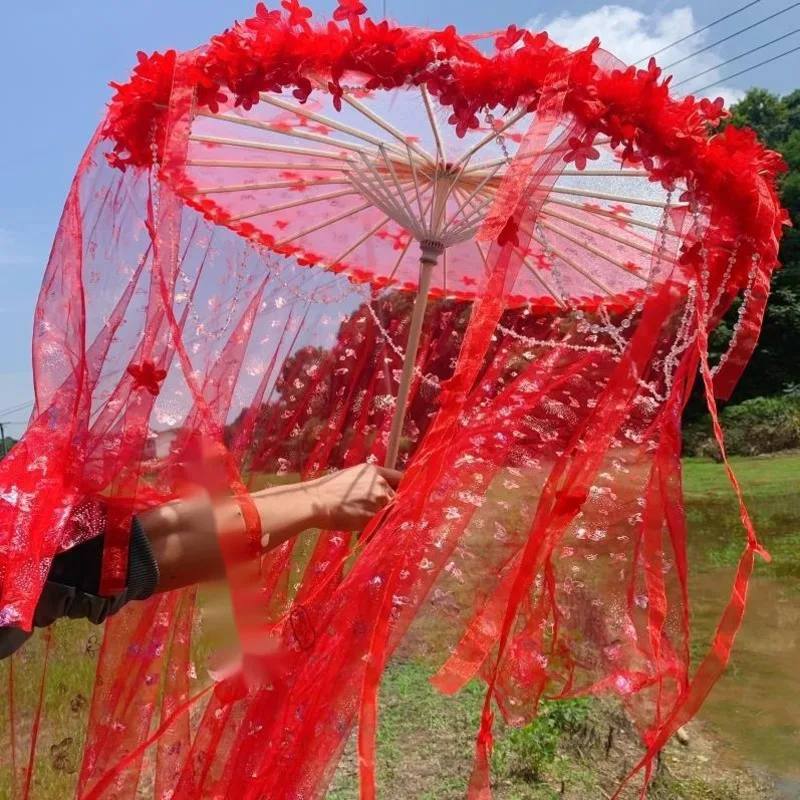 Rot 85cm Blume Strand Schatten Regenschirm Fan Lolita Hanfu Zubehör Super Fee Band Garn Perle Laufsteg Sonnenschirm Paraguas Image