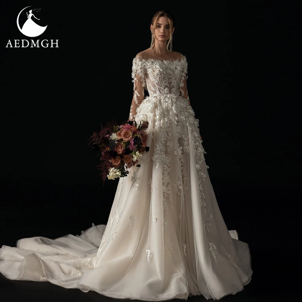 Aedmgh A-Linie Elegante Brautkleider U-Boot-Ausschnitt Langarm Vestido De Novia Spitze Applikationen Blumen Schickes maßgeschneidertes Brautkleid Image