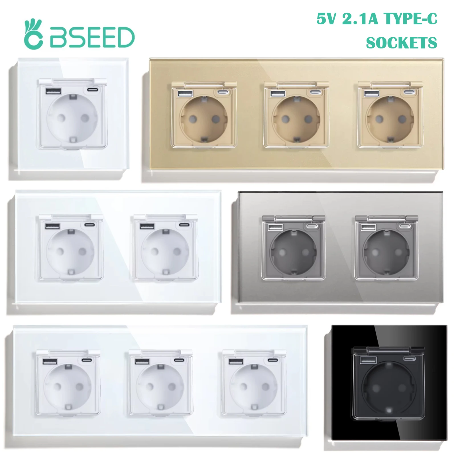 BSEED USB Typ-c Wasserdichte Steckdosen 16A Elektrische Abdeckung Steckdose Outdoor Badezimmer Doppel Steckdose Triple Steckdosen 5V 2,1A USB C Image