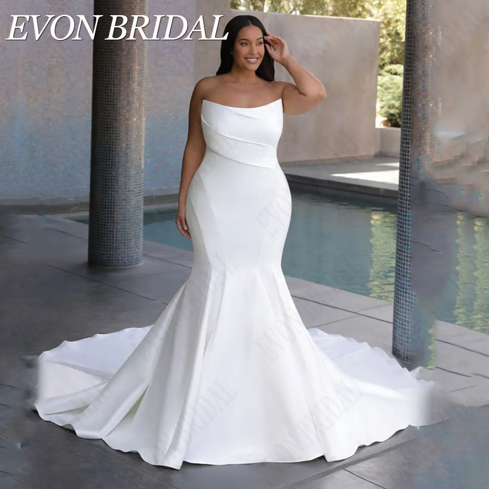 EVON BRIDAL Elegante Meerjungfrau Brautkleid Plus Größe Trägerlos Ärmellos Satin BrautkleiderEvon Braut elegante Meerjungfrau Brautkleid plus Größe träger los ärmellose Satin Brautkleider Vestidos de