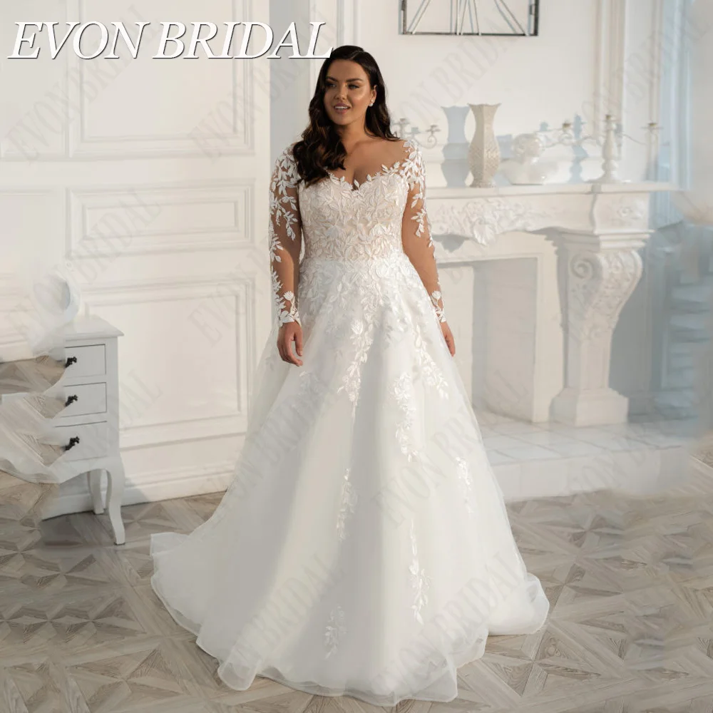 EVON BRIDAL Elegantes Brautkleid 2024 Lange Ärmel Plus Größe Braut Party Kleider Spitze Applque AEvon Braut elegantes Brautkleid lange Ärmel plus Größe Braut Party kleider Spitze Applque A-Linie