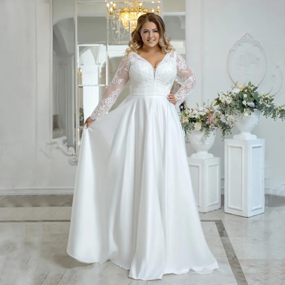 Weiß Satin Hochzeit Kleid Lange Hülse Plus Größe Für Frau V Neck Taste Bodenlangen Brautkleid EINE Linie Spitze свадебное платье