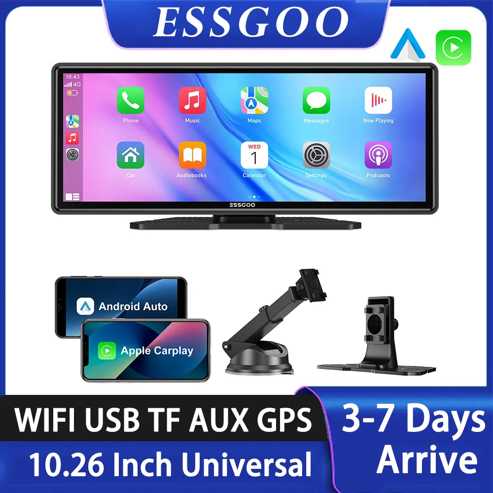 ESSGOO 10,26 Zoll Tragbare Drahtlose Carplay Bildschirm HD Hinten Rückfahr Kamera Auto Radio MP5 Multimedia Video Player Android Auto Image