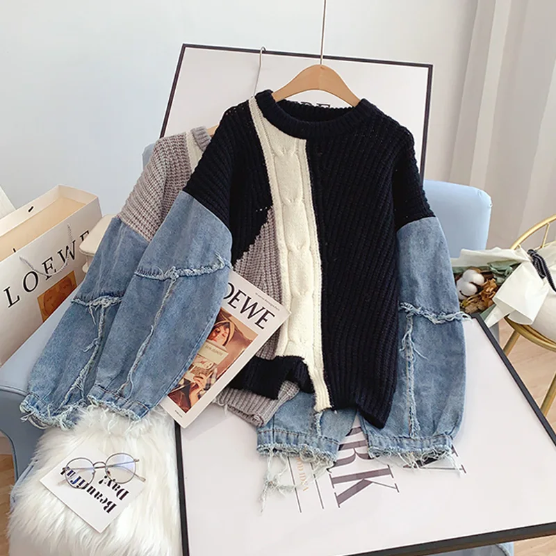 Denim Ausgefranste Patchwork Lange Hülse O-ansatz Mohair Stricken Jumper frauen Pullover Lose Weibliche Pullover Tops Frau Kleidung Mode Image