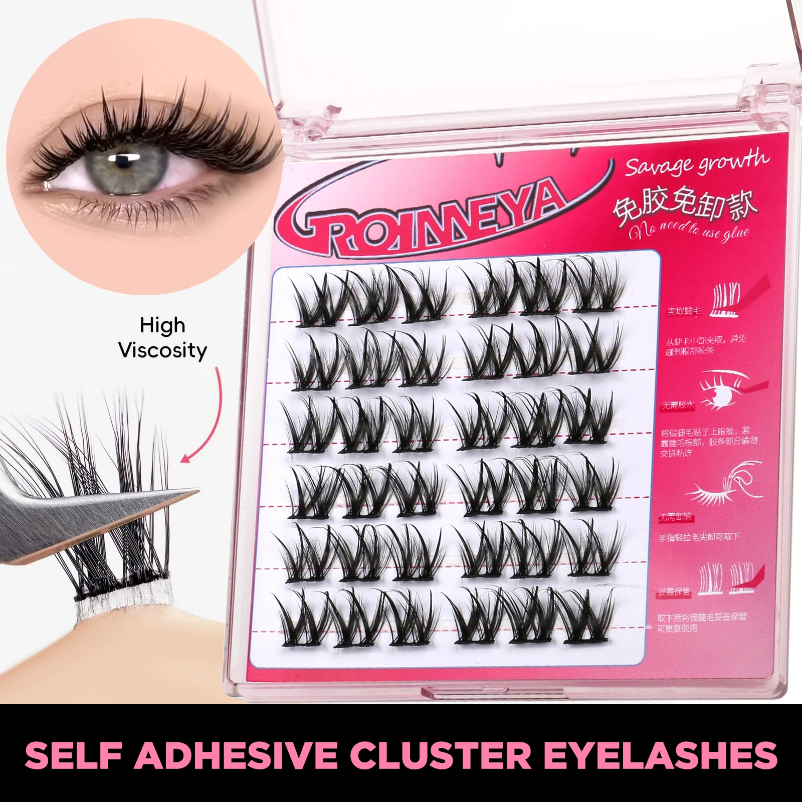 GROINNEYA Cluster-Wimpern, selbstklebend, kein Kleber, einzelne Wimpern, gemischtes Tablett, natürliches Aussehen, Volumen-Wimpern-Cluster-Wimpernverlängerung Image