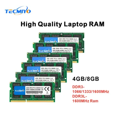 TECMIYO Laptop Memory RAM DDR3 DDR3L 4GB 8GB 1600MHz 1333MHz 1066MHz 1.35V/1.5V PC3/PC3L-12800S