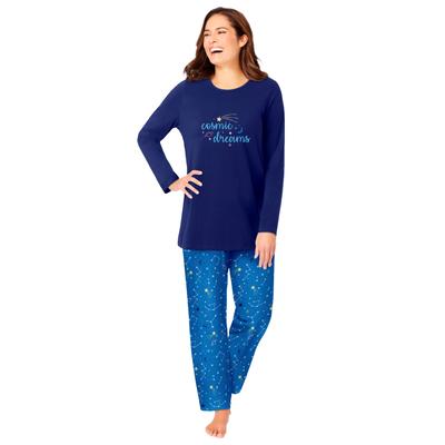 Plus Size Women's Long Sleeve Knit PJ Set by Dreams & Co. in Pool Blue Cosmic Dreams (Size 42/44) Pajamas