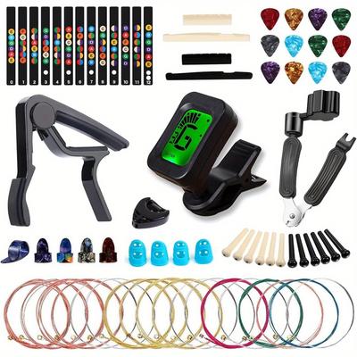 TEMU 60pcs Acoustic Guitar Accessories Kit Including Guitar Strings, Tuner, Capo, 3-in-1 Restring Tool, Pick Holder, Pins, Nuts & , Finger Protector, Finger Picks, Stickers