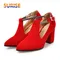 2021 Big Size 43 Elegant Women Pumps High Chunky Heel Pointed Toe Red Black Flock Casual Office