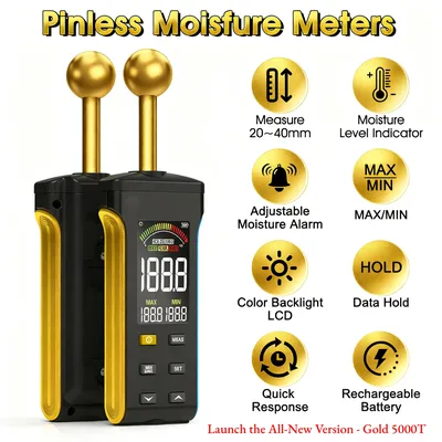 Pinless Moisture Meter with Ball Probe & Color LCD, 0~70% RH Range, Alarm Function for Wood/Walls/Concrete/Masonry/Gypsum